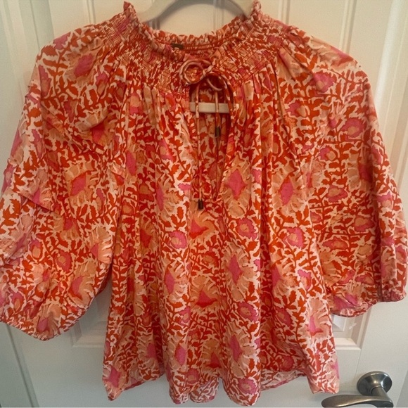 FREE PEOPLE FLORAL SWIRL SHORT SLEEVE BLOUSE W TIE! M - Picture 1 of 6